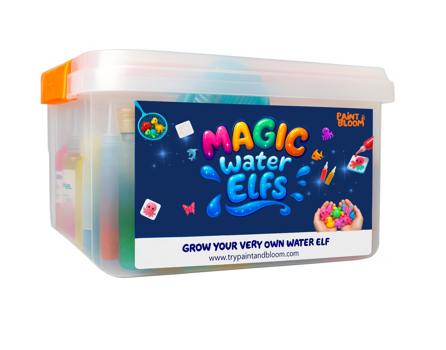 Container of Magic Water Elves with colorful packaging on a white background-fr-de-nl-es