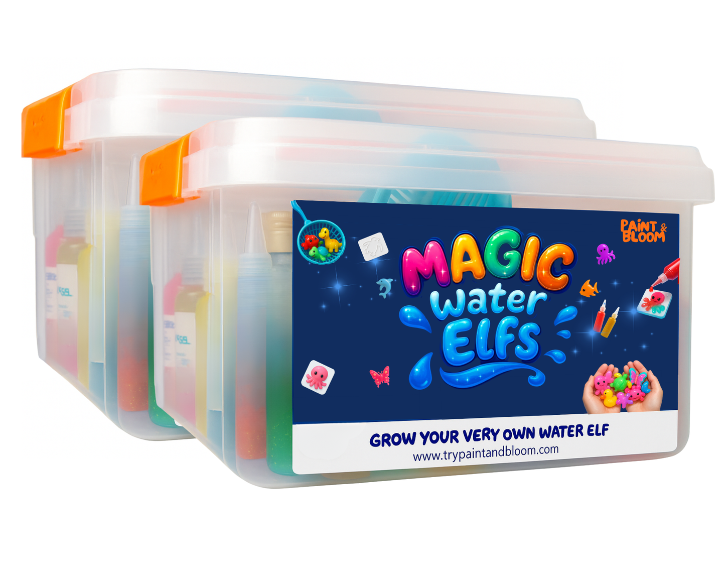 Container of Magic Water Elves with colorful packaging on a white background-fr-de-nl-es